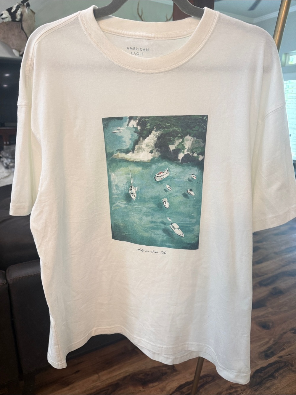American Eagle Outfitters White Graphic Tee with Teal Coastal Print